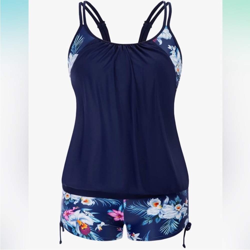 NWT Hanna Nikole Plus Size Floral Strappy Tankini Top w Shorts 2 pc Swimsuit